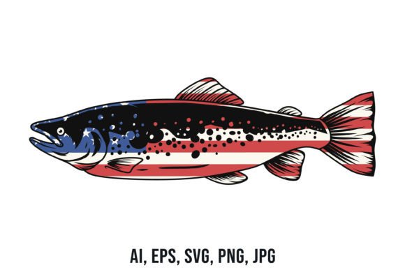 Salmon with USA Flag Vector Drawing: Graphics for Crafts & Branding